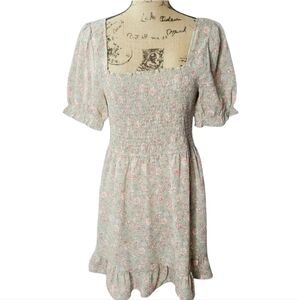 Green Floral Off Shoulder Puff Sleeve Ruffled Boho Prairie Mini Dress Charmed He